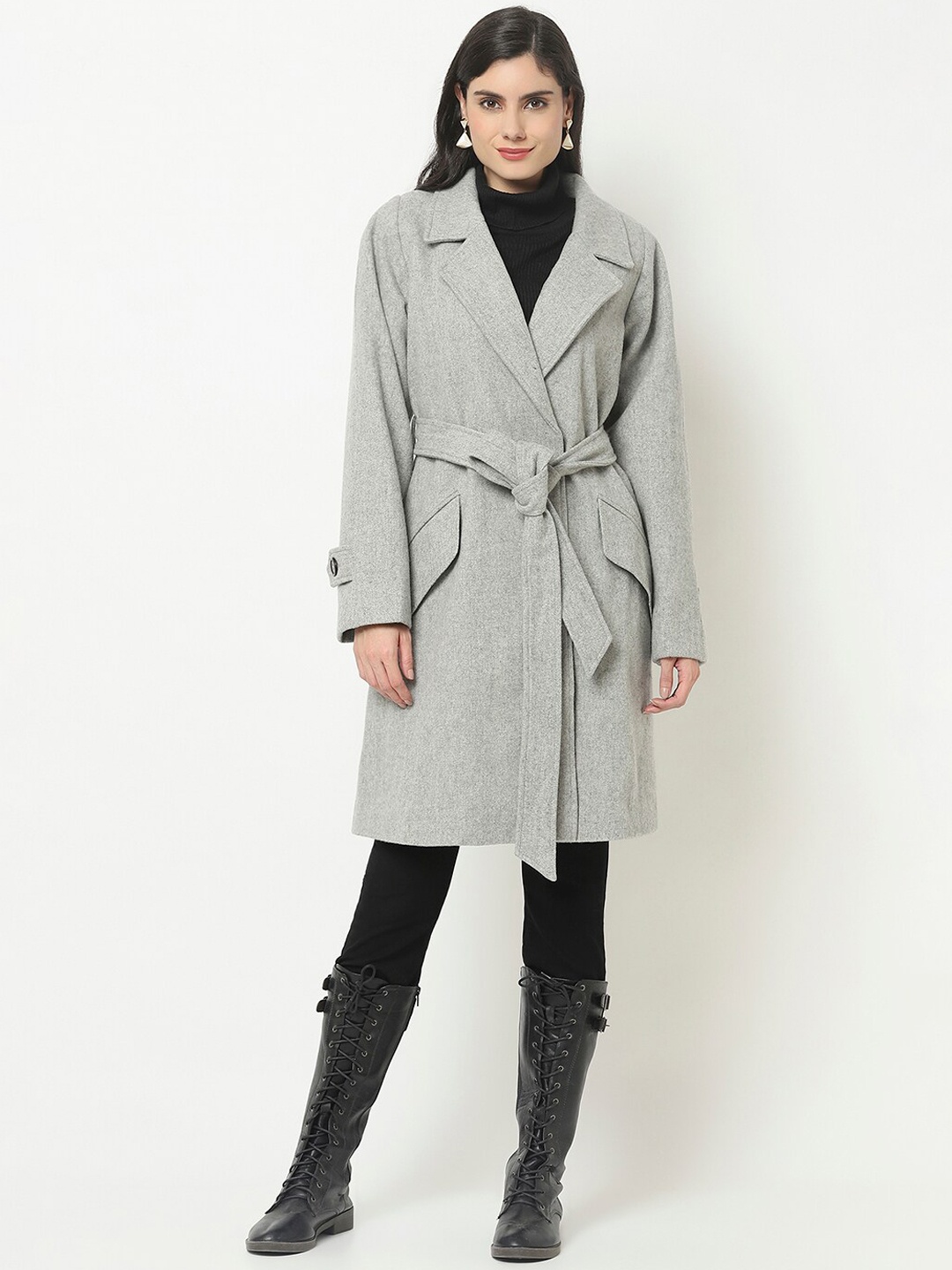 

Owncraft Women Grey Solid Single-Breasted Casual Trench Coat