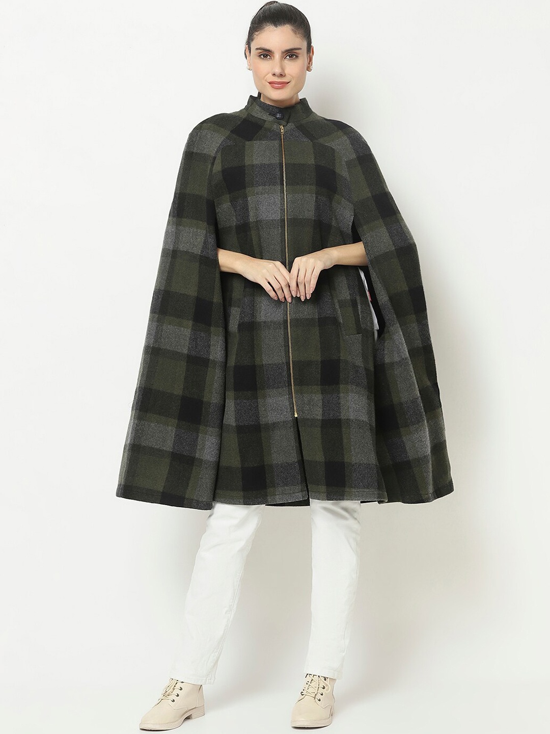 

Owncraft Women Black and Green Checked Cape Coat