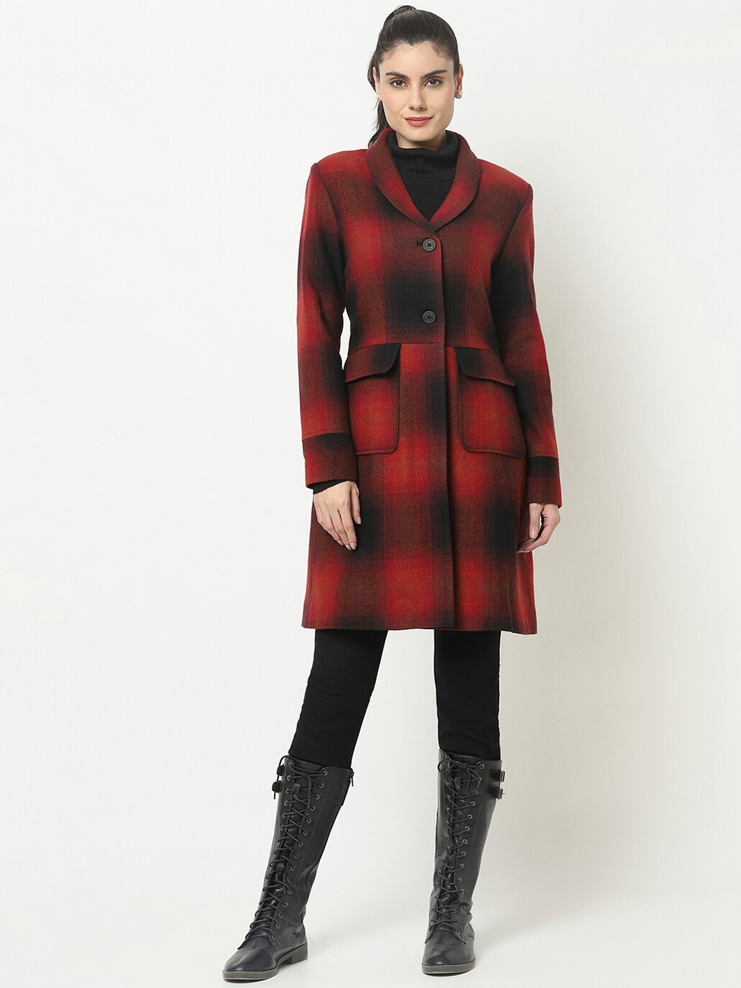 

Owncraft Women Red & Black Checked Wool Coat