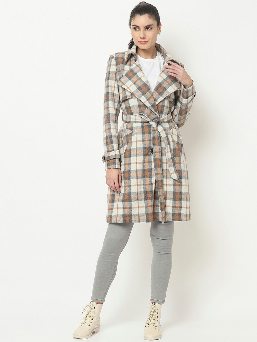 

Owncraft Women Cream & Grey Checked Trench Coat