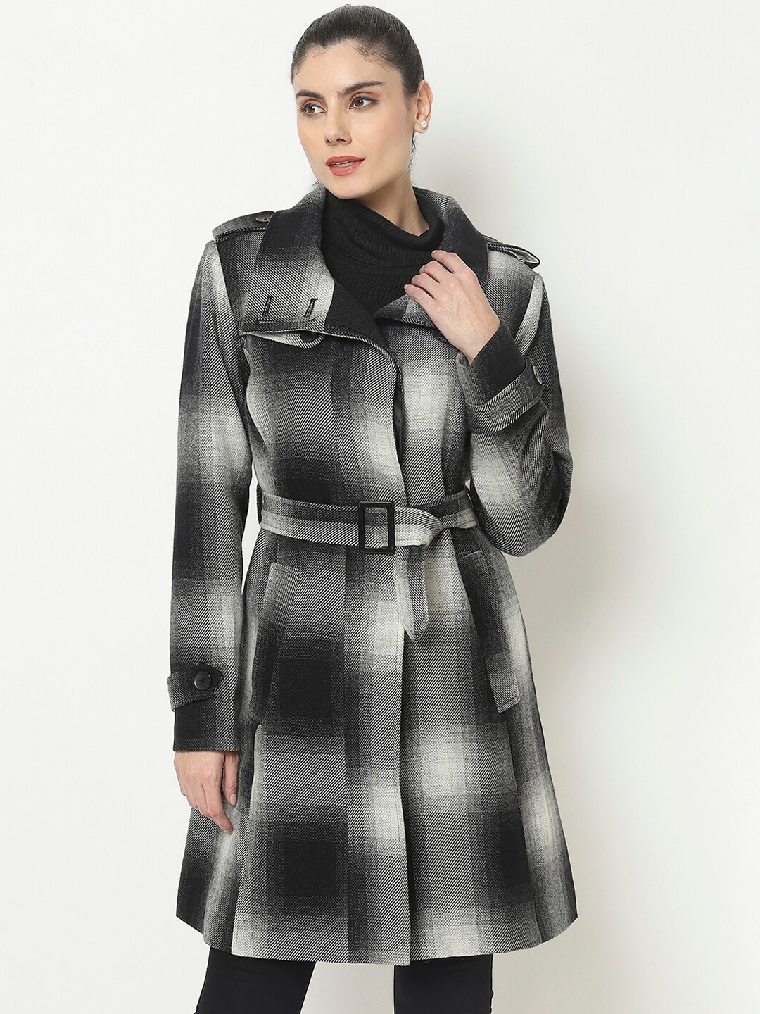 

Owncraft Women Black & White Checked Woolen Coat