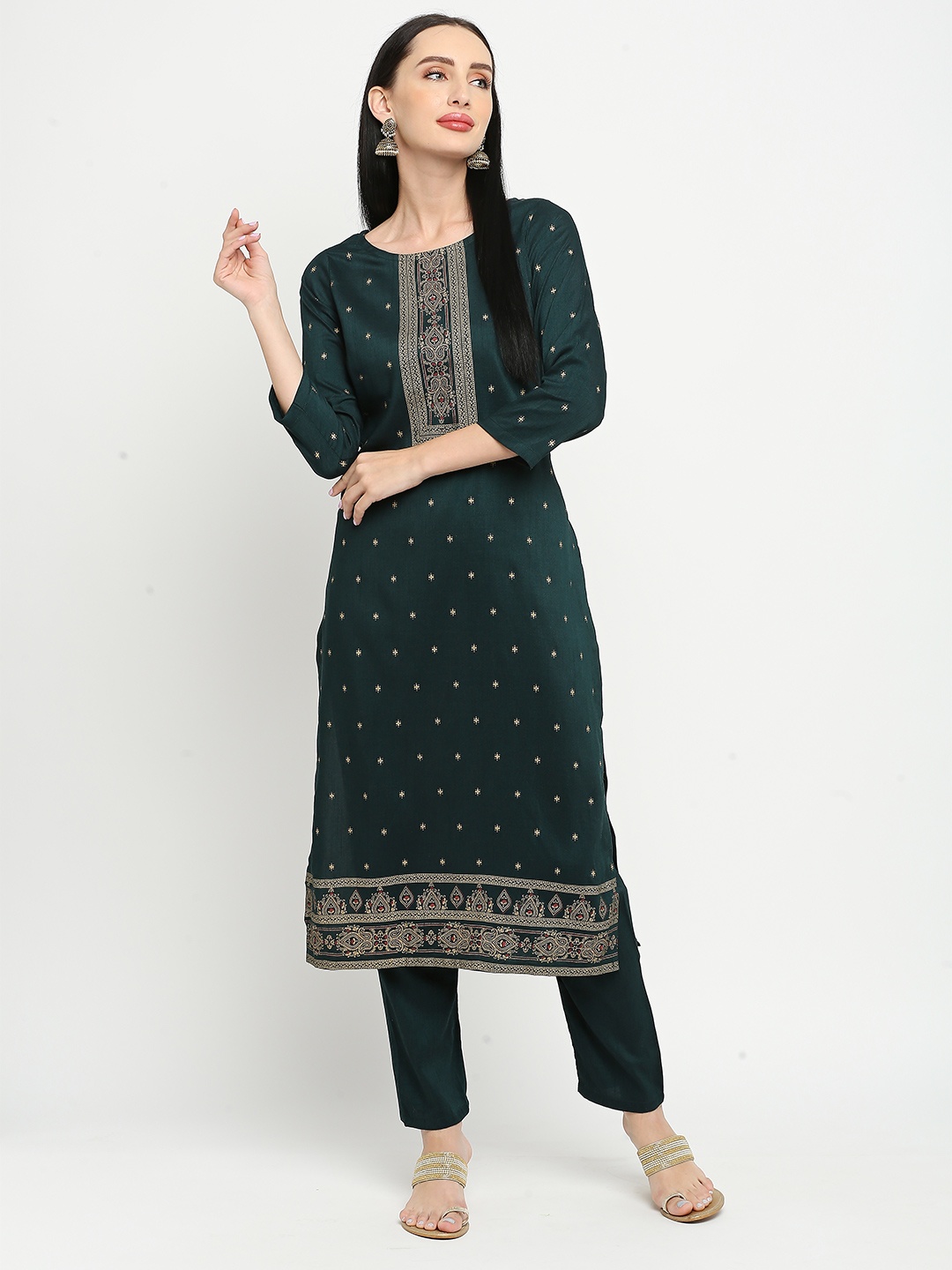 

Anuthi Women Teal Ethnic Motifs Printed Kurta with Trousers