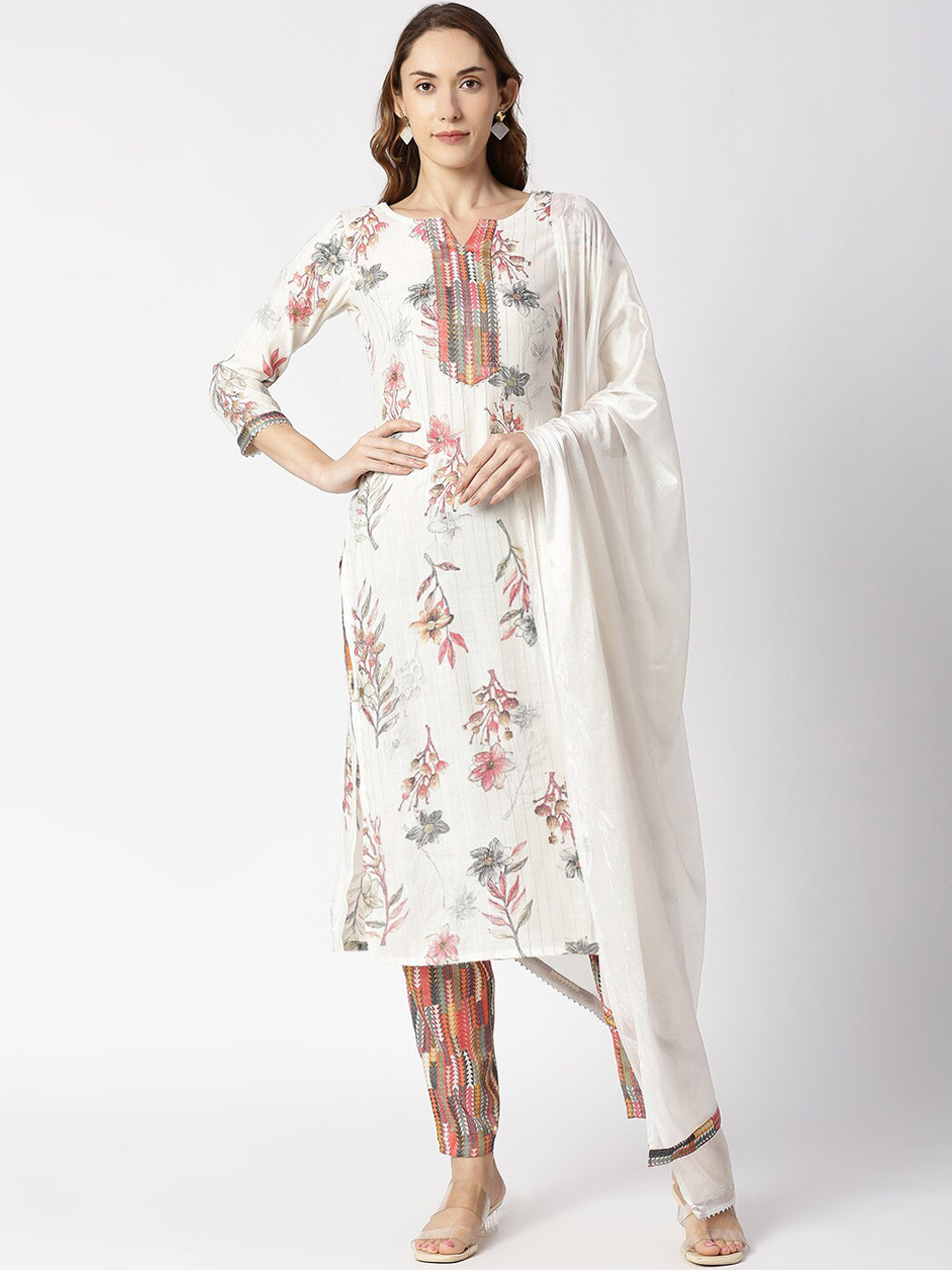 

Anuthi Women White Floral Printed Kurta with Trousers & With Dupatta