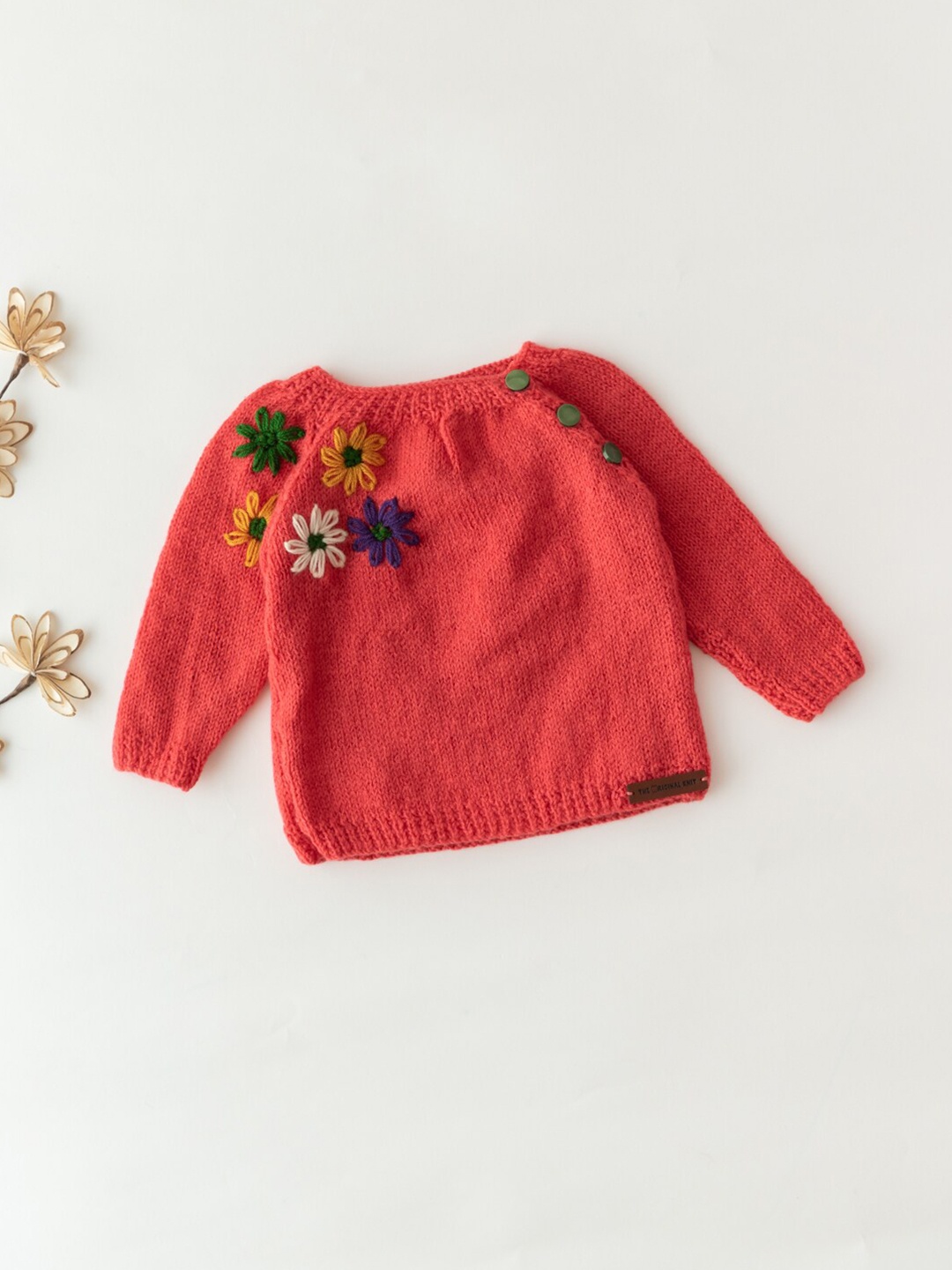 

The Original Knit Infants Kids Red & Green Floral Embroidered Pullover Sweater