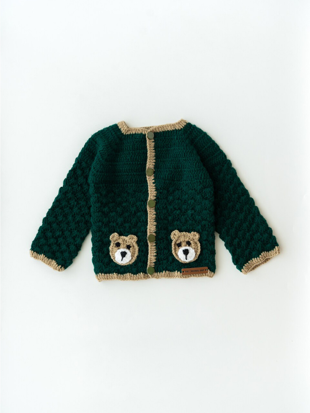 

The Original Knit Infants Kids Green & Brown Cable Knit Teddy Patchwork Cardigan Sweater