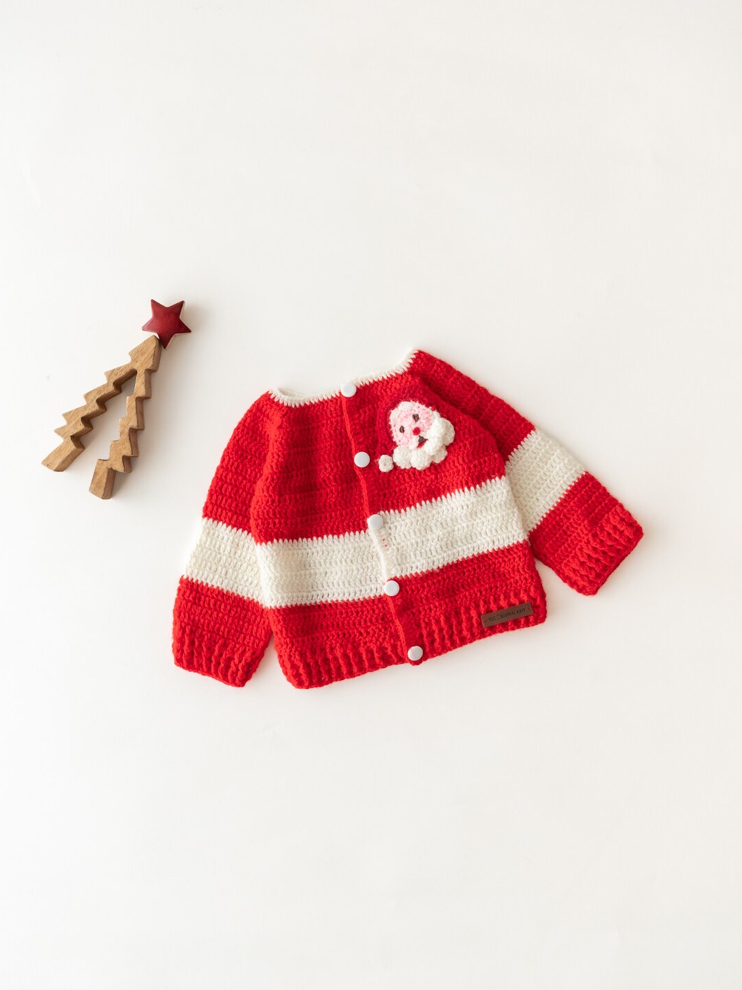 

The Original Knit Infants Kids Red & White Colourblocked Santa Patchwork Cardigan Sweater