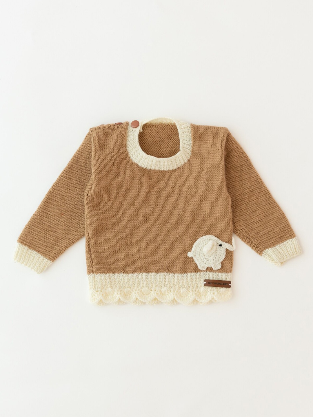 

The Original Knit Infants Kids Brown & Cream-Coloured Embroidered Pullover Sweater