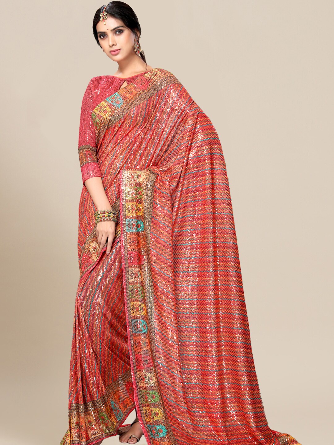 

Chhabra 555 Coral & Red Sequinned Leheriya Saree