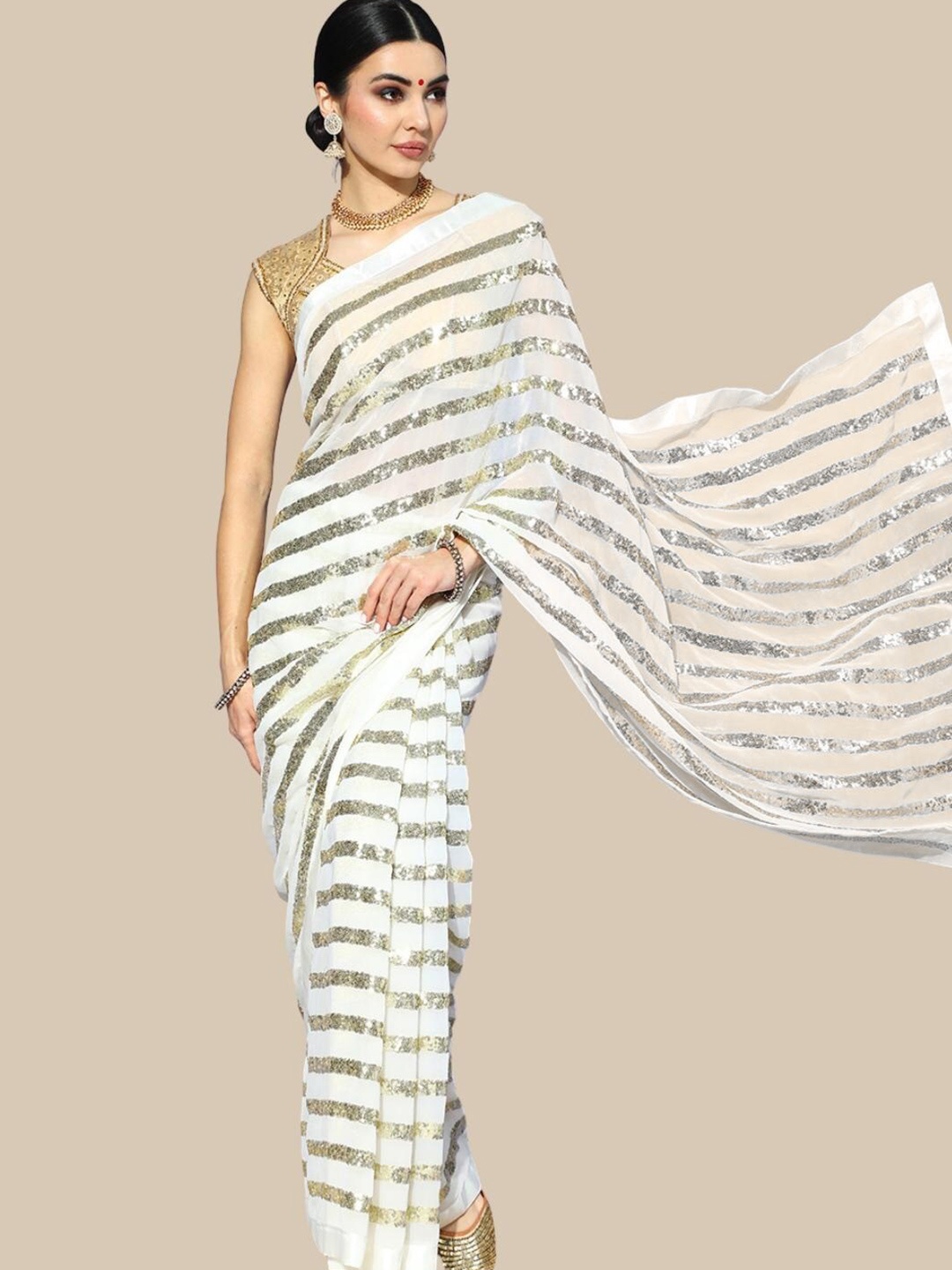 

Chhabra 555 White & Silver-Toned Sequinned Leheriya Saree