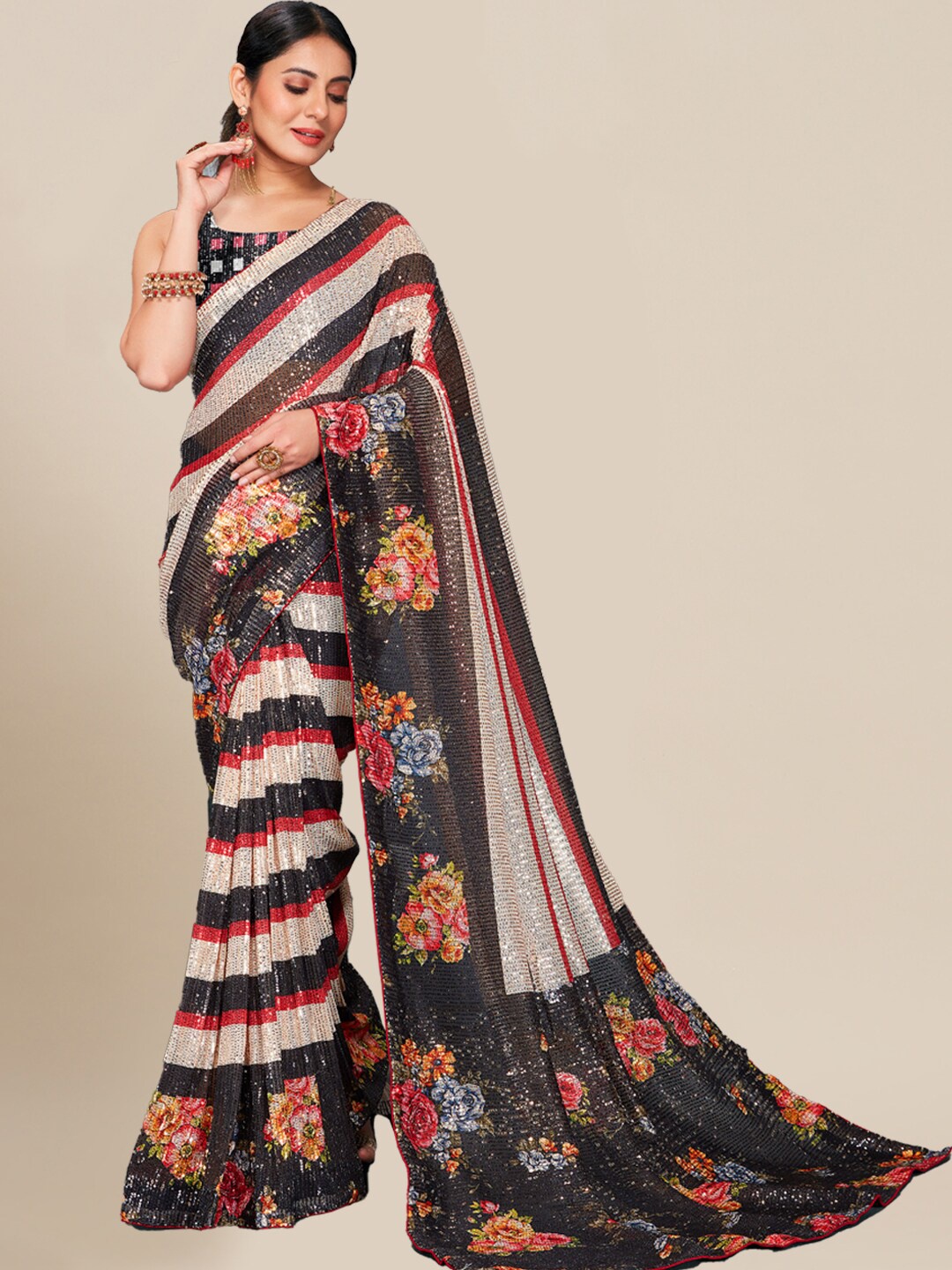 

Chhabra 555 White & Black Striped Sequinned Saree