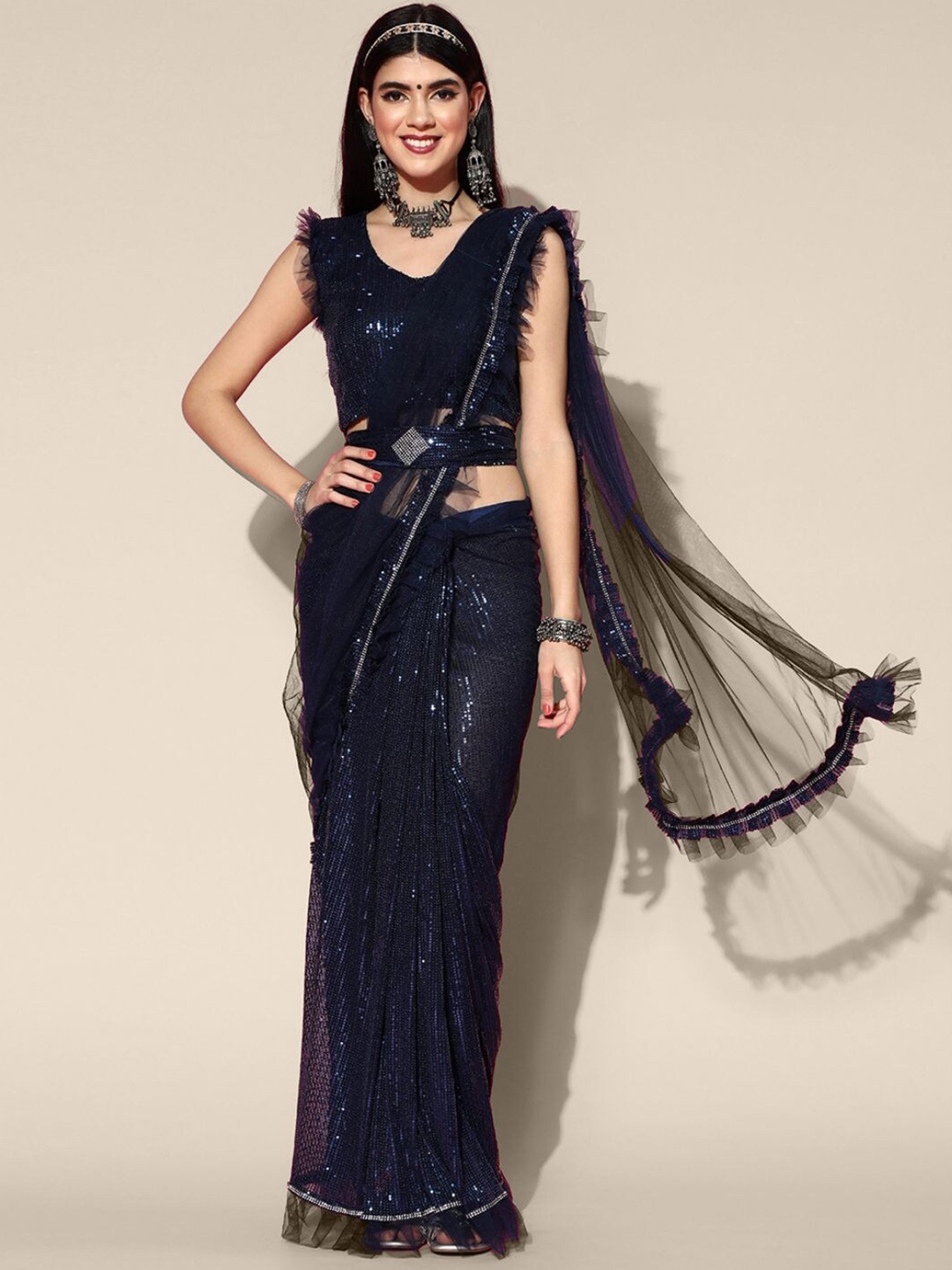 

Chhabra 555 Navy Blue Sequinned Net Ready to Wear Saree With Belt