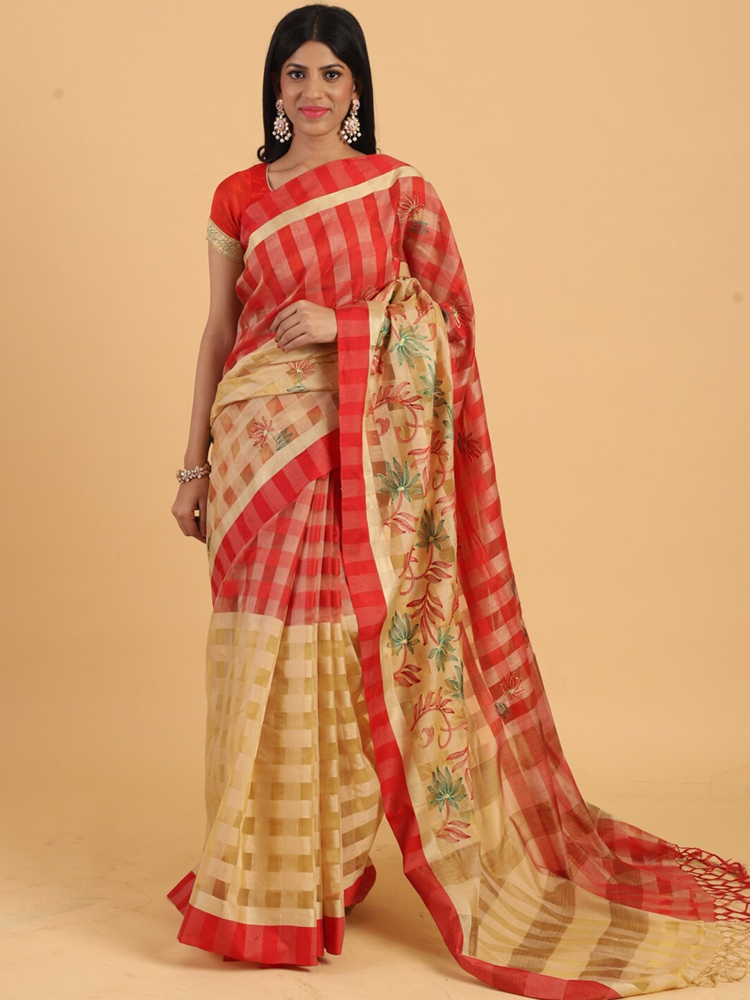 

Chhabra 555 Beige & Red Checked Silk Cotton Half and Half Chanderi Saree