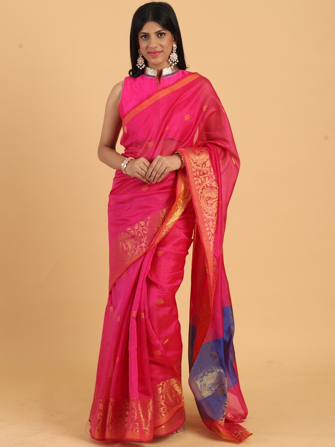 

Chhabra 555 Pink & Blue Ethnic Motifs Zari Silk Cotton Chanderi Saree