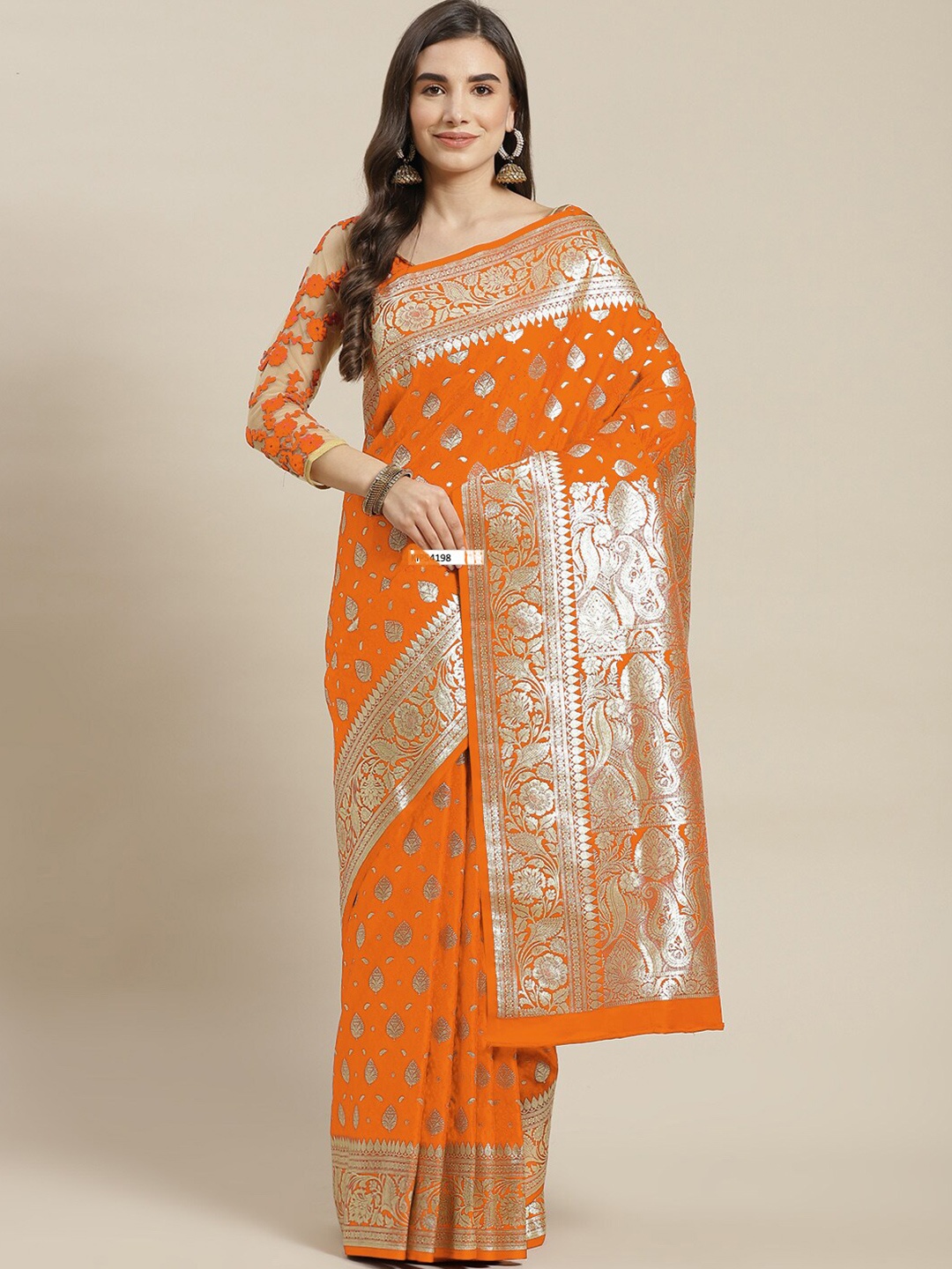 

Chhabra 555 Mustard & Gold-Toned Ethnic Motifs Zari Art Silk Kanjeevaram Saree
