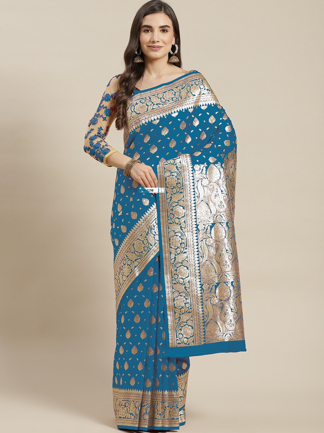 

Chhabra 555 Blue & Gold-Toned Ethnic Motifs Zari Art Silk Kanjeevaram Saree