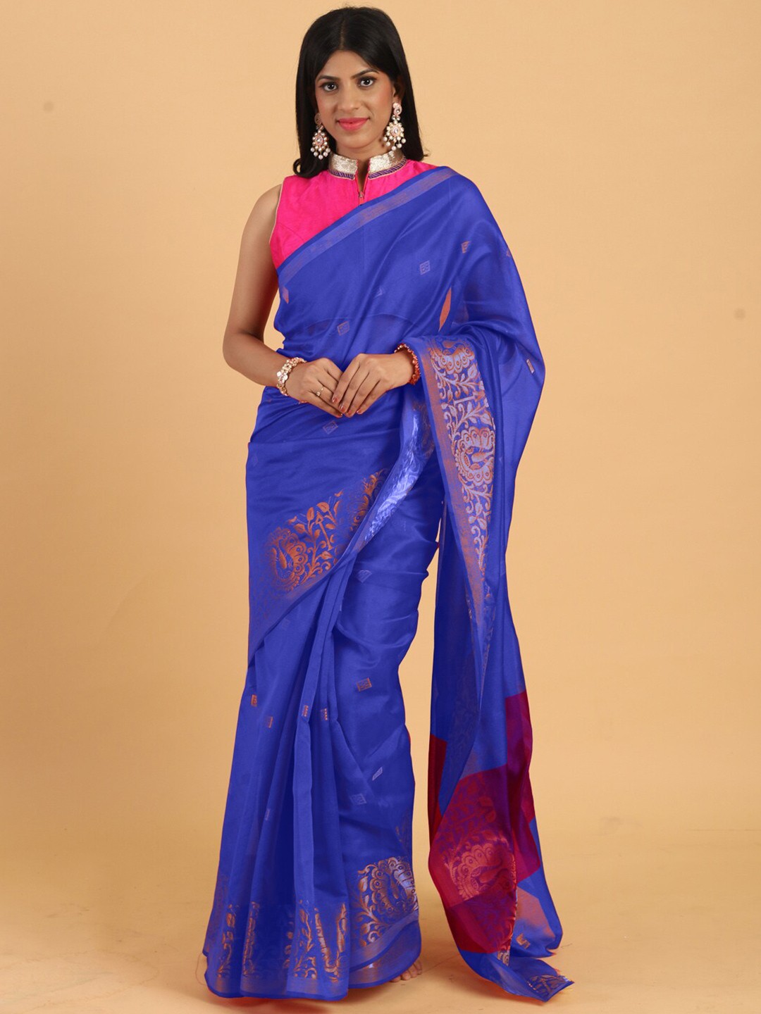 

Chhabra 555 Blue & Gold-Toned Ethnic Motifs Zari Silk Cotton Chanderi Saree