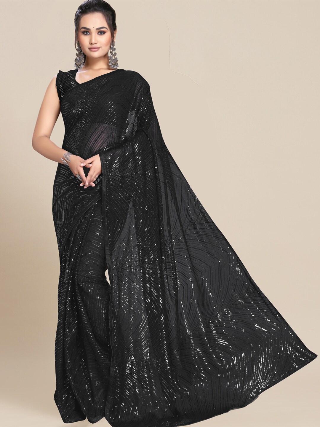 

Chhabra 555 Black & Silver-Toned Striped Sequinned Heavy Work Saree