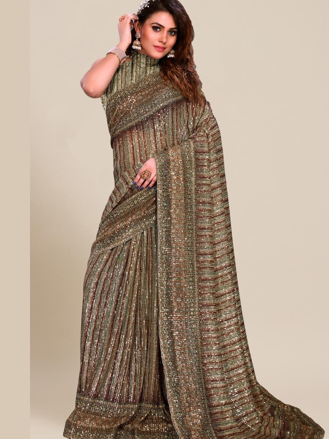 

Chhabra 555 Gold-Toned & Brown Striped Sequinned Saree