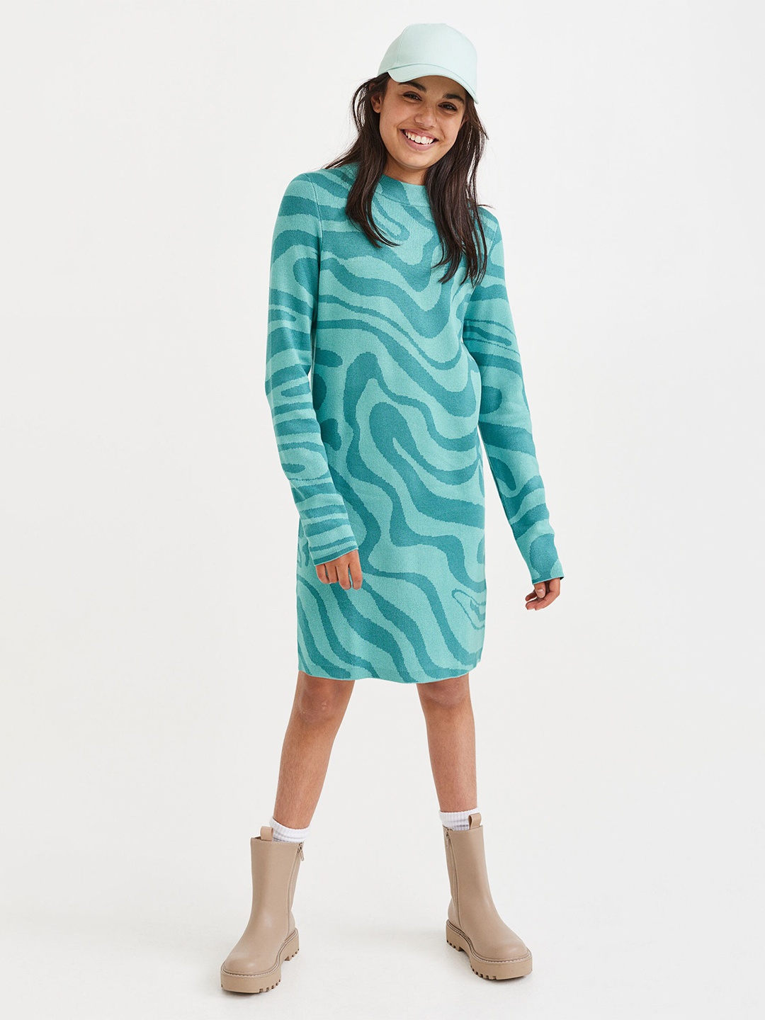 

H&M Girls Turquoise Blue Knitted Turtleneck Jumper Dress