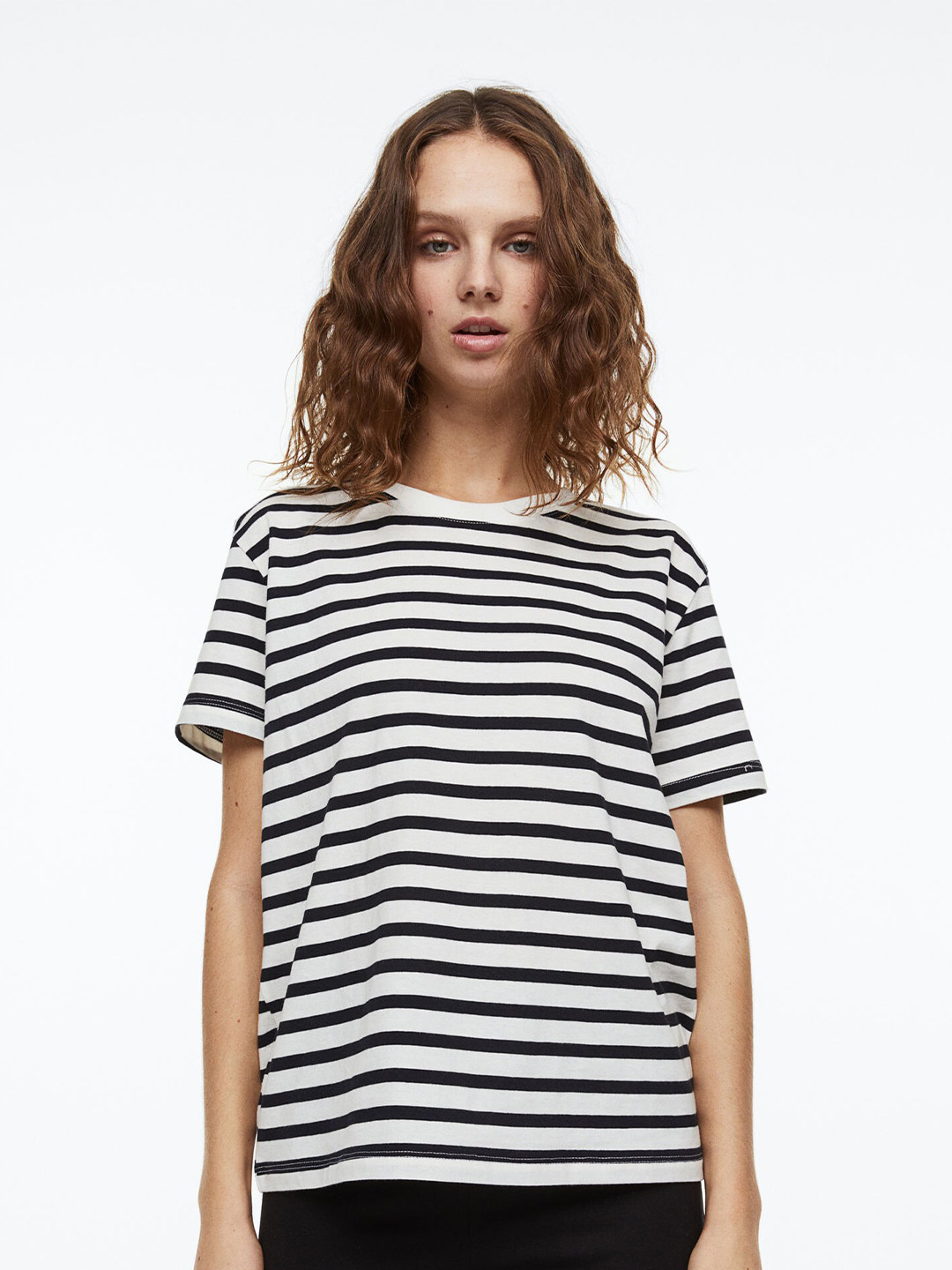 

H&M Women Black & White Cotton T-shirt