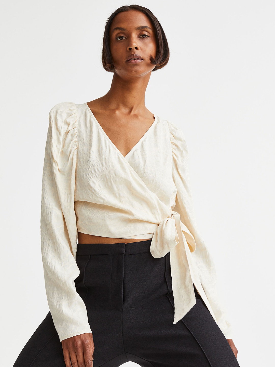 

H&M Women White Jacquard-Weave Puff Sleeves Blouse