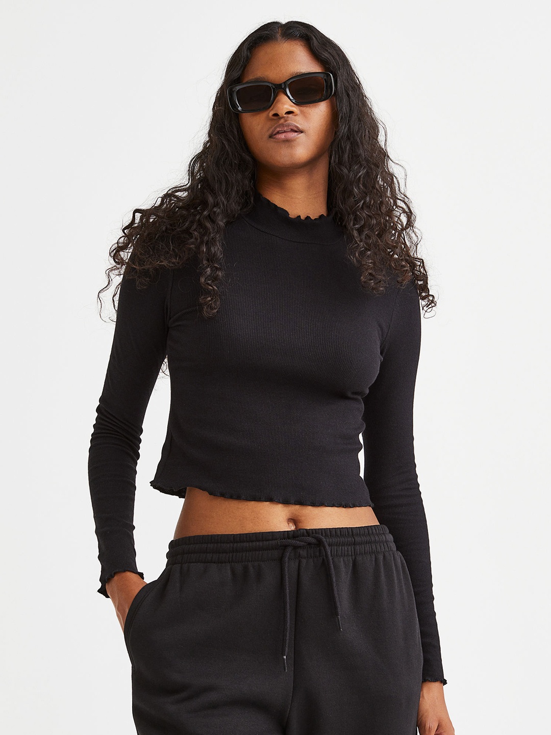 

H&M Women Black Ribbed Long-Sleeved Top