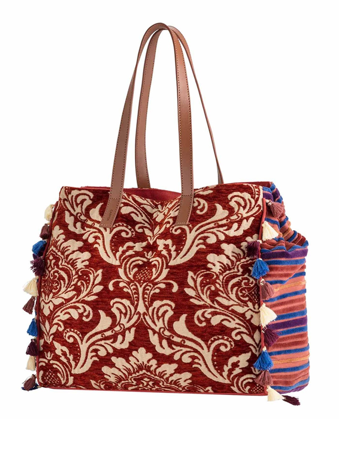 

CARPISA Ethnic Motifs Textured Shopper Shoulder Bag with Fringed Handbags, Maroon