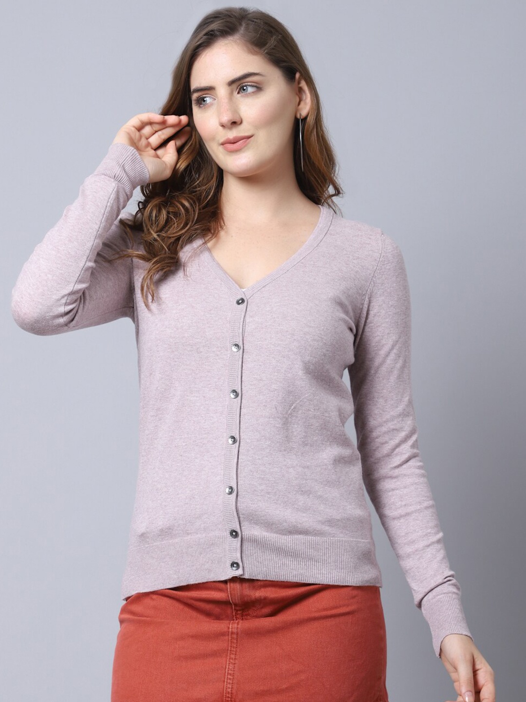 

GRACIT Women Purple Solid V-Neck Front Open Sweater Cardigan