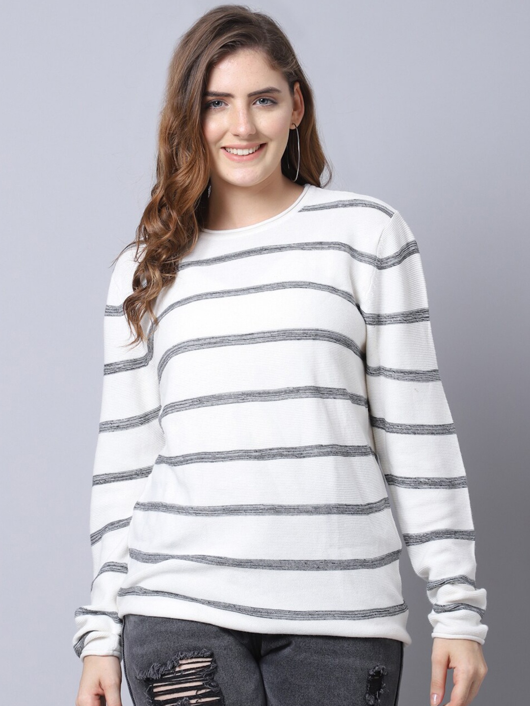 

GRACIT Women White Striped Woolen Sweatshirt