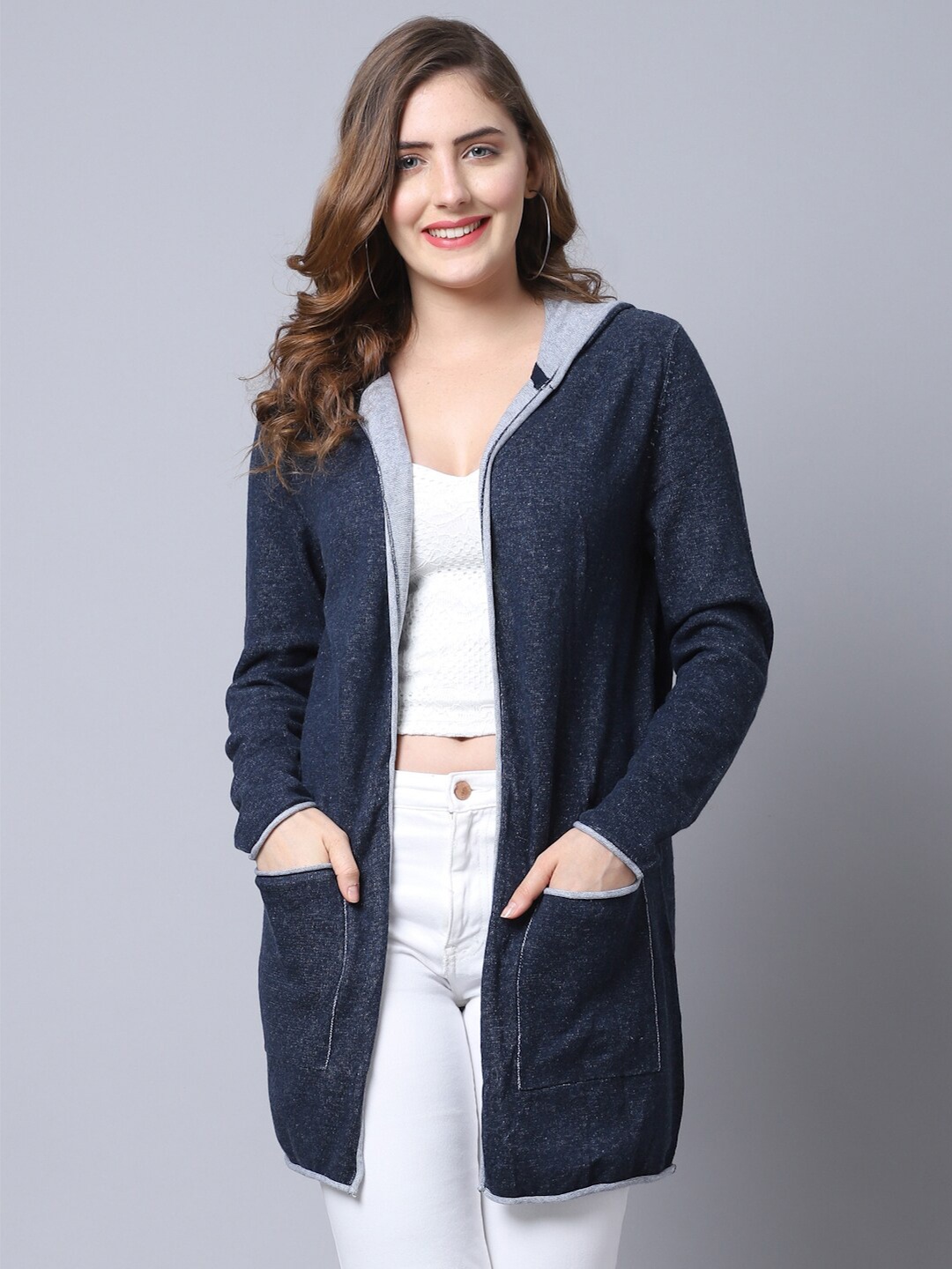 

GRACIT Women Navy Blue Solid Wool Longline Front-Open Sweater