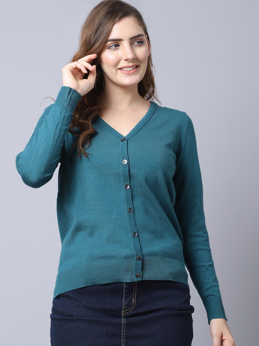

GRACIT Women Teal Green V-Neck Sweater Cardigan