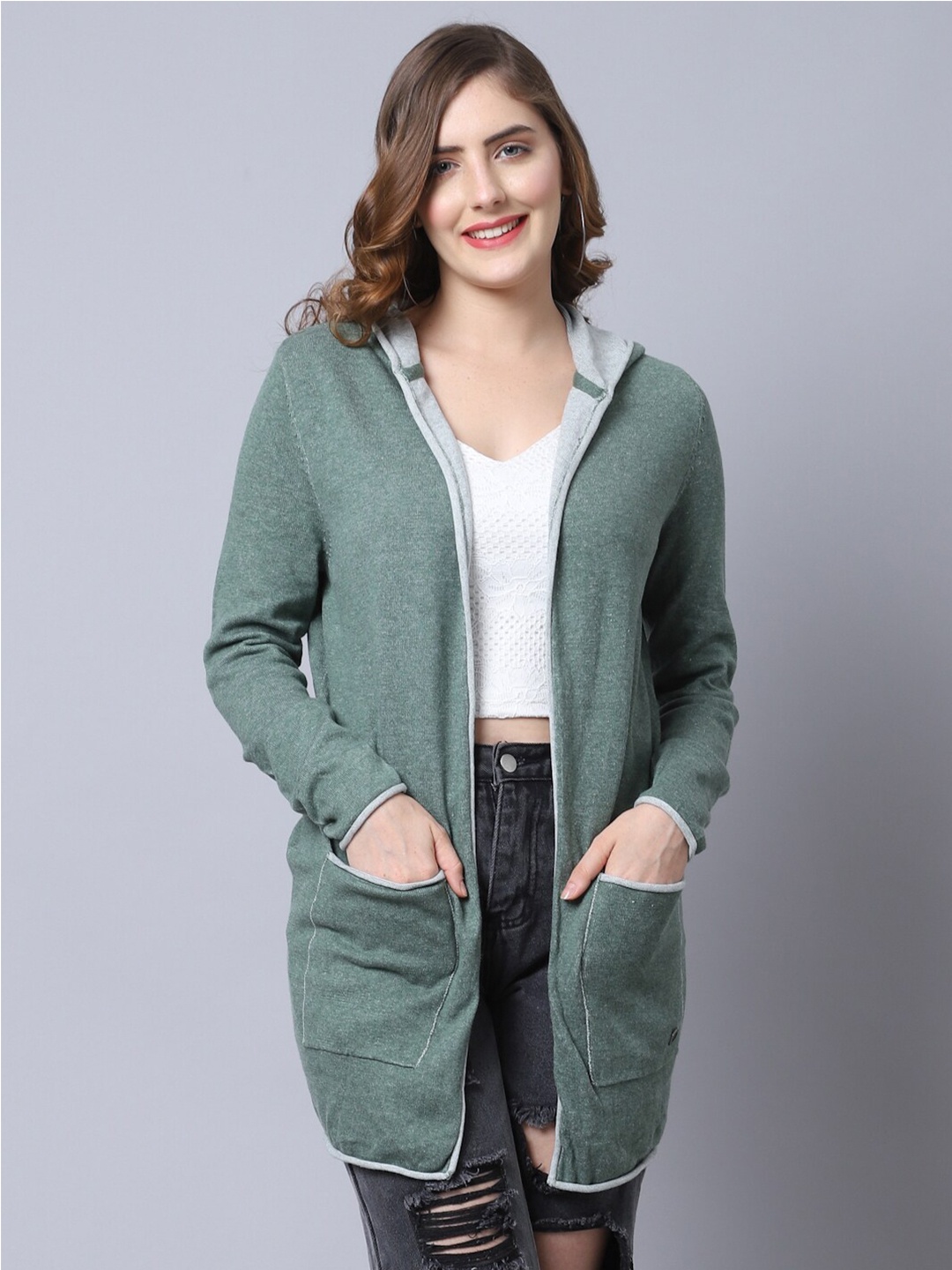 

GRACIT Women Green Solid Wool Longline Front-Open Sweater