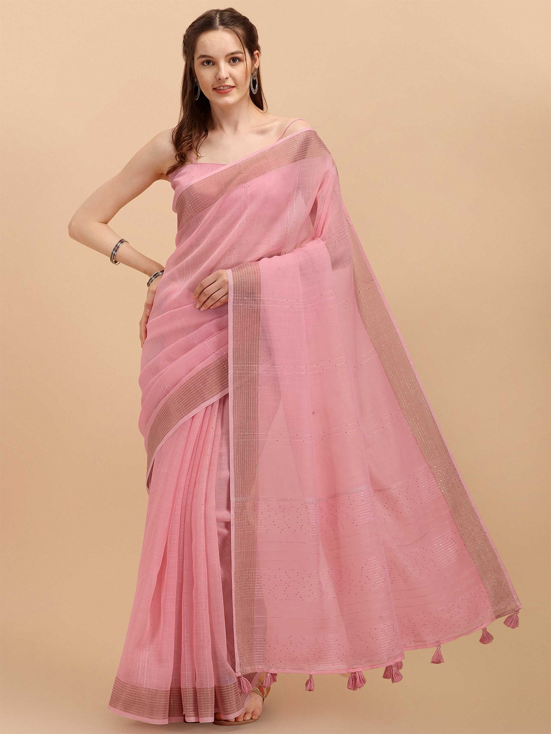 

DUNGRANI Pink & Gold-Toned Striped Sequinned Linen Blend Saree