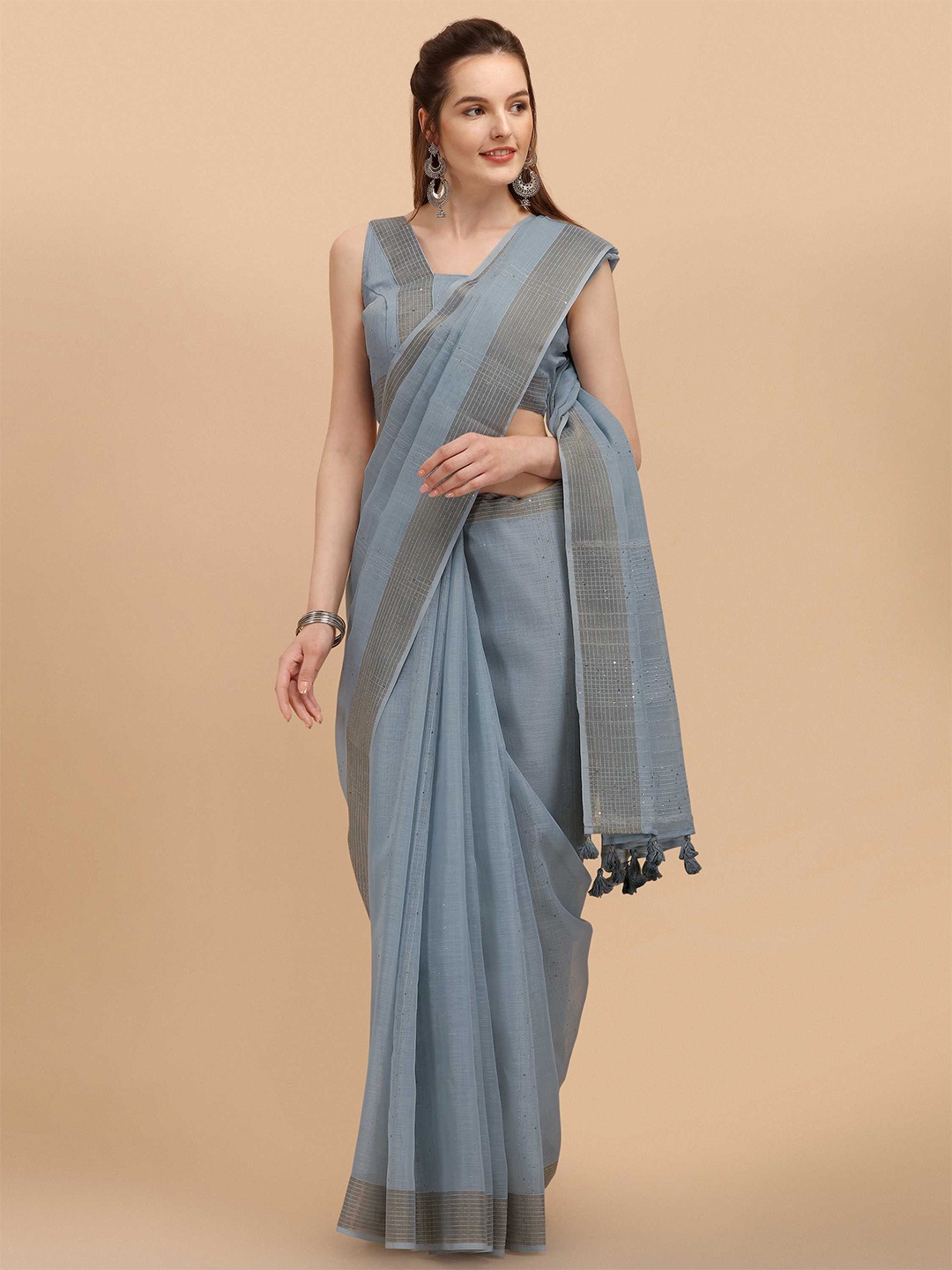 

DUNGRANI Grey & Brown Striped Sequinned Linen Blend Saree
