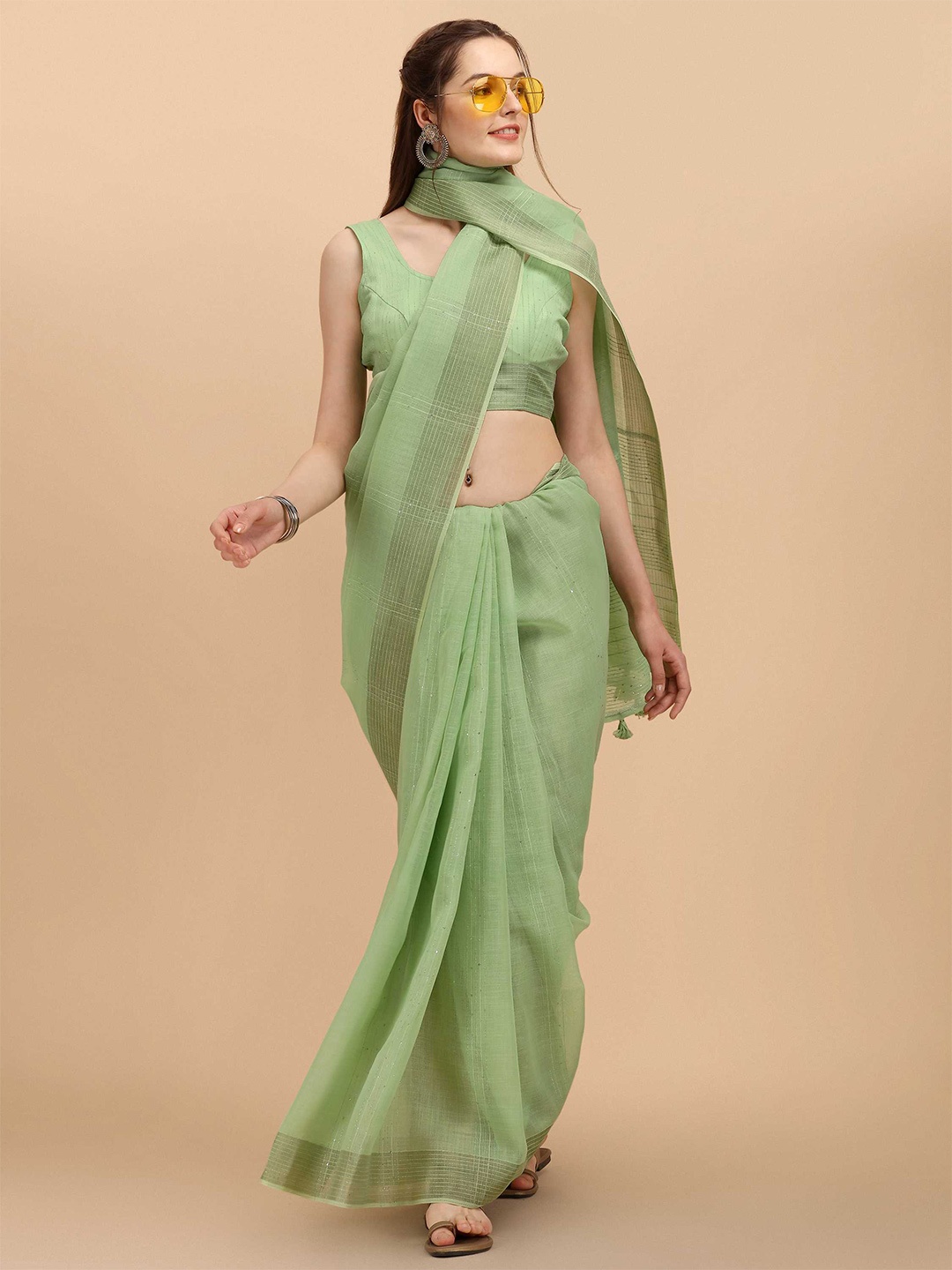 

DUNGRANI Lime Green Striped Sequinned Linen Blend Saree