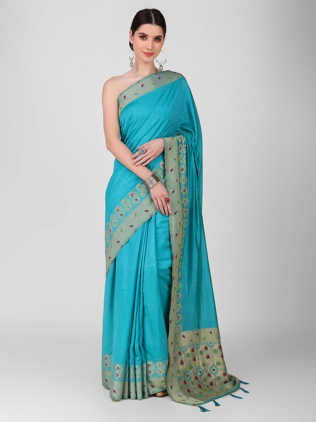 

DUNGRANI Turquoise Blue & Red Zari Art Silk Banarasi Saree