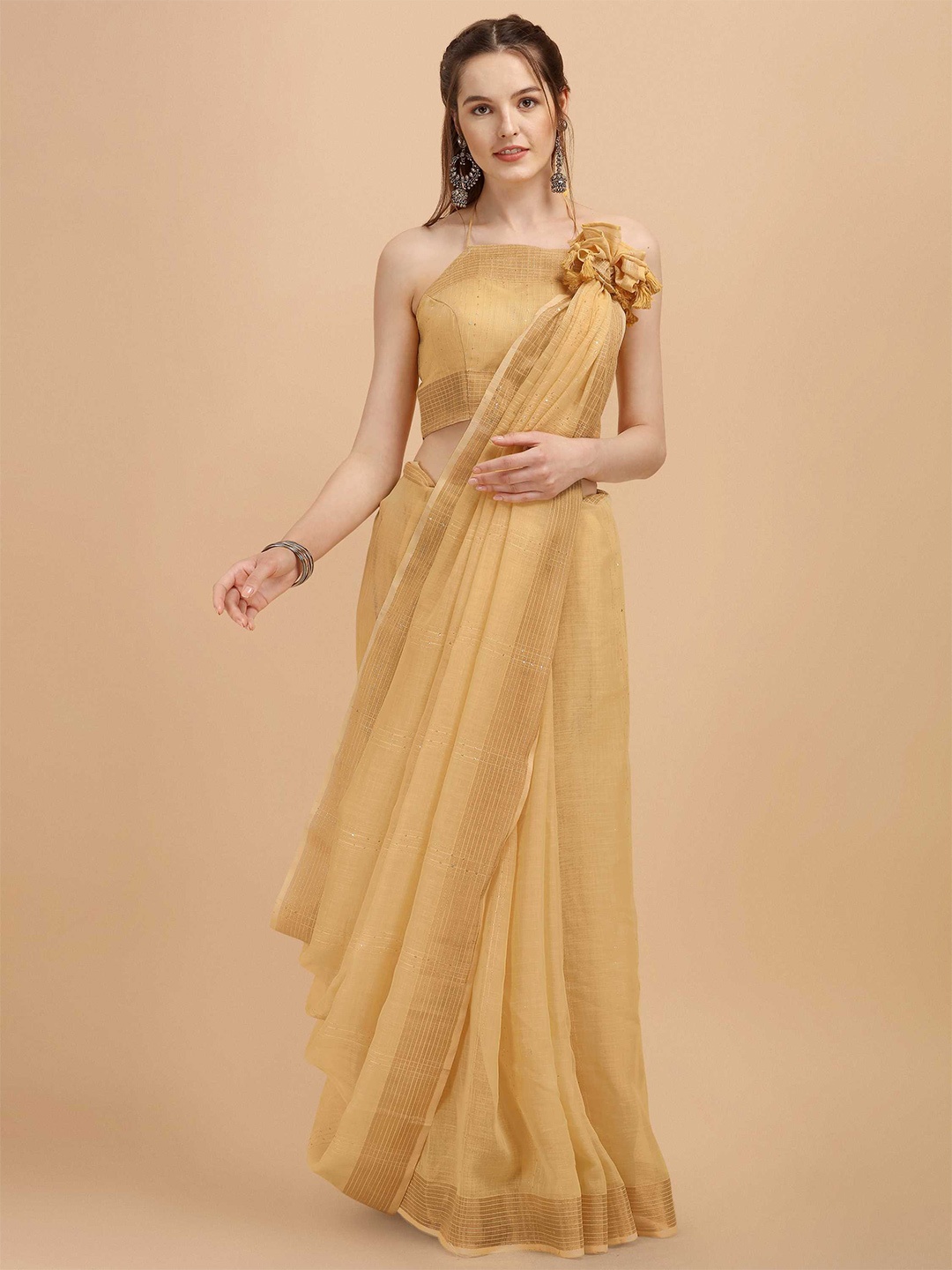 

DUNGRANI Gold-Toned Linen Blend Saree
