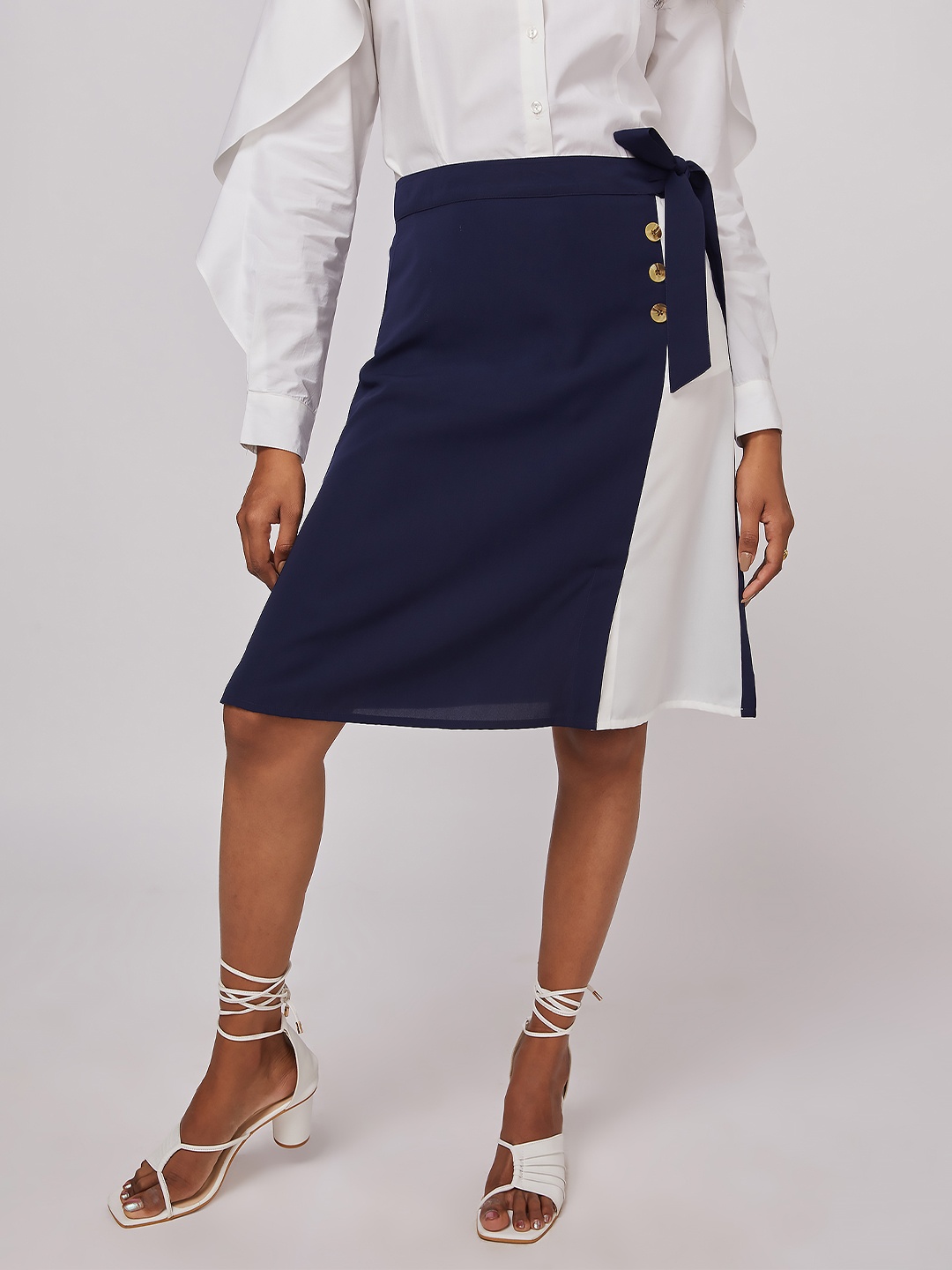 

NOT SO PINK Women Navy Blue & White Solid Knee-Length A-Line Skirt