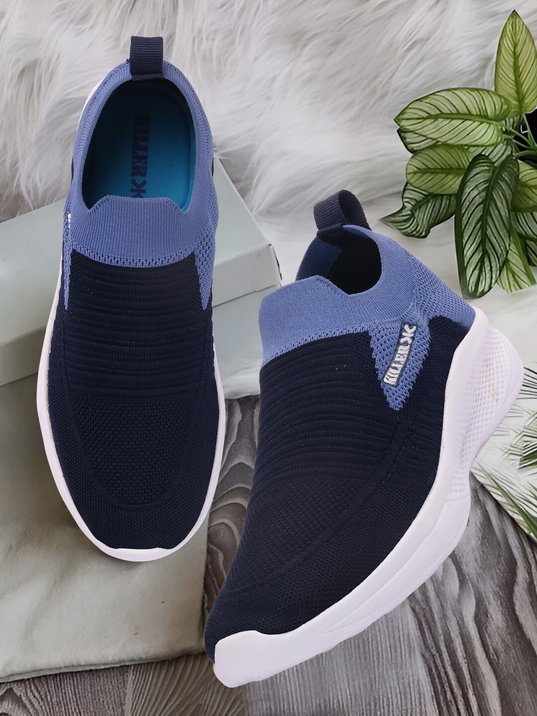 

Killer Men Navy Blue & White Woven Design Slip-On Sneakers