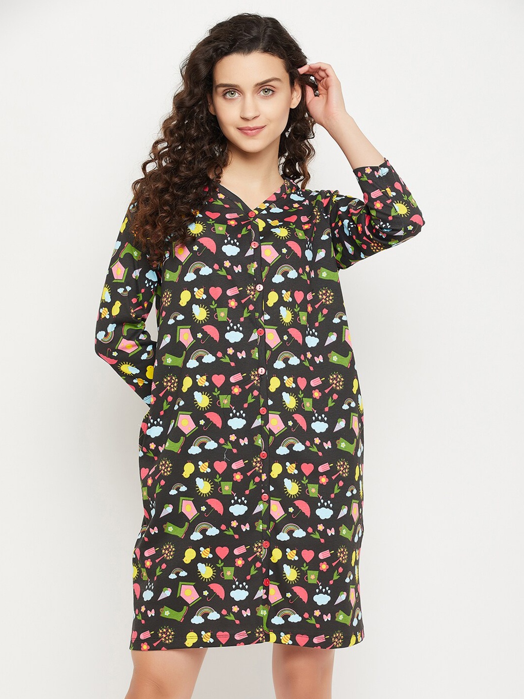 

Clovia Women Black Printed Cotton Blend Nightdress With Pocket