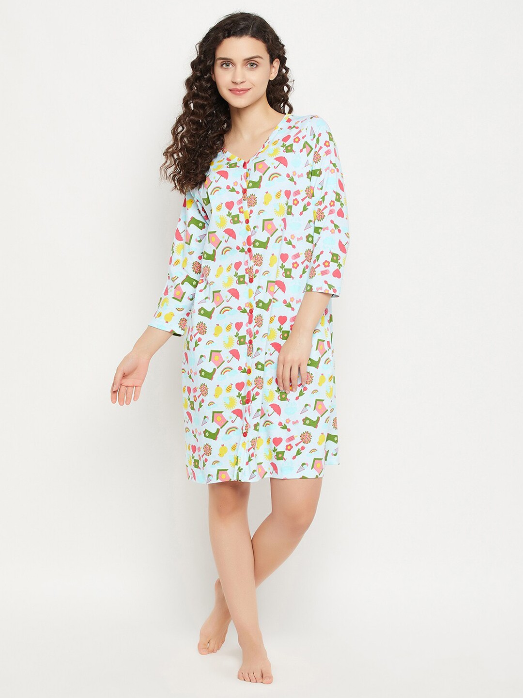 

Clovia Women Blue Printed Nightdress Cotton Blend With Pocket