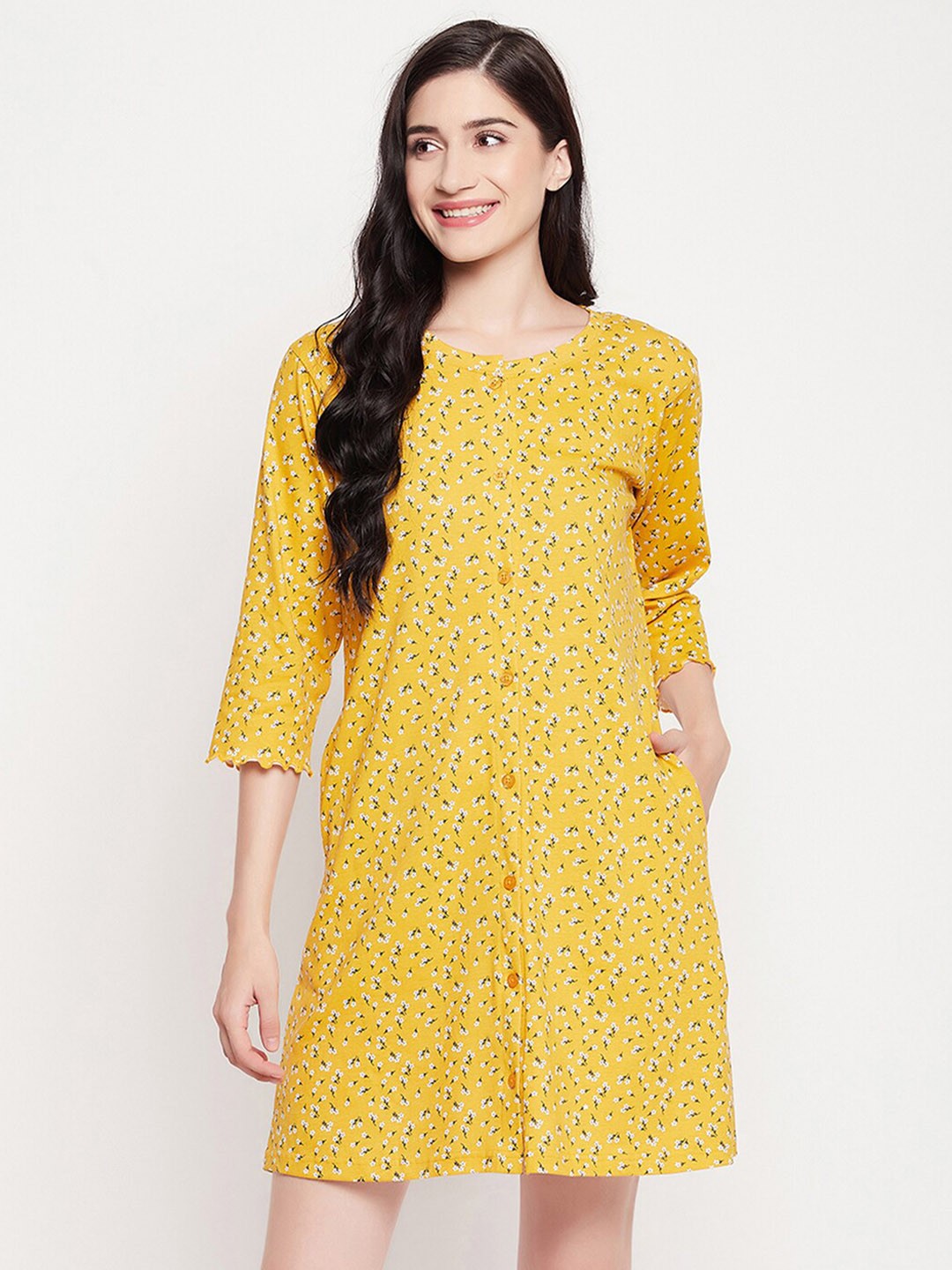 

Clovia Print Me Pretty Button Me Up Short Night Dress With Pocket, Yellow