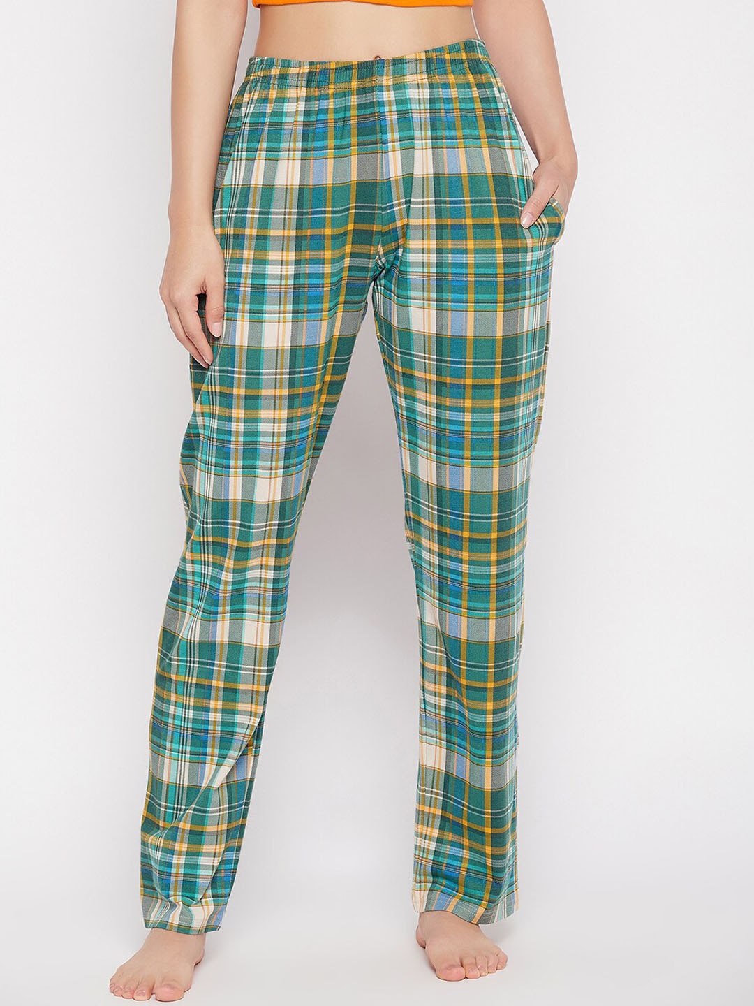 

Clovia Women Green Checked Pure Cotton Lounge Pants