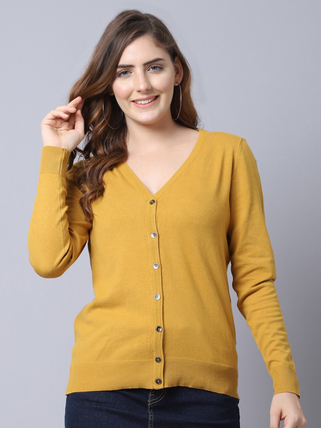 

GRACIT Women Yellow V-Neck Front Open Sweater Cardigan