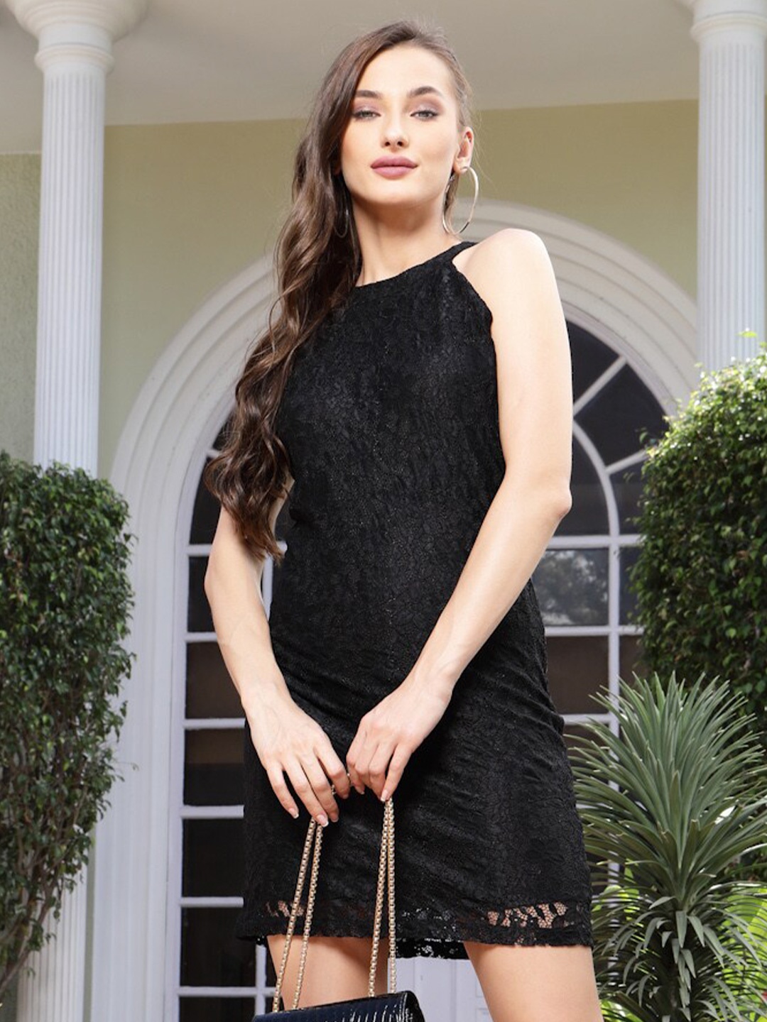 

Sera Black Halter Neck Net A-Line Dress