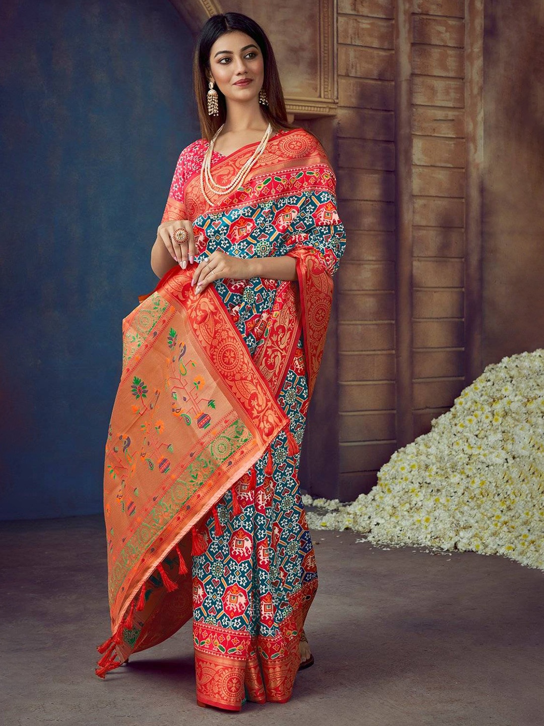

KARAGIRI Teal & Red Printed Silk Blend Patola Saree