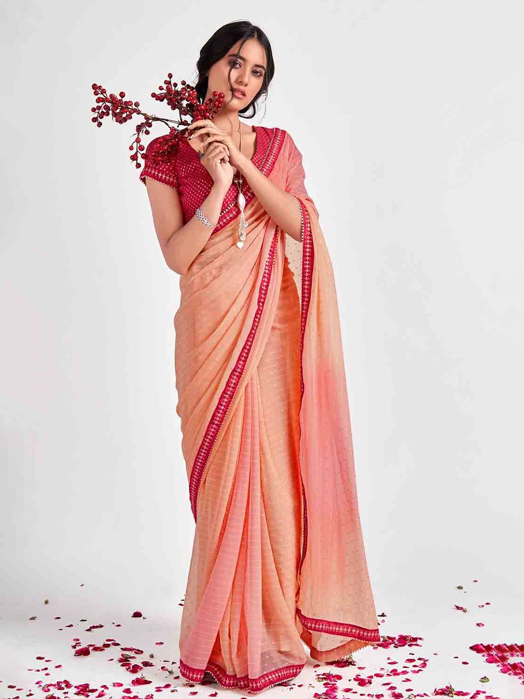 

KARAGIRI Peach & Pink Embellished Poly Georgette Saree