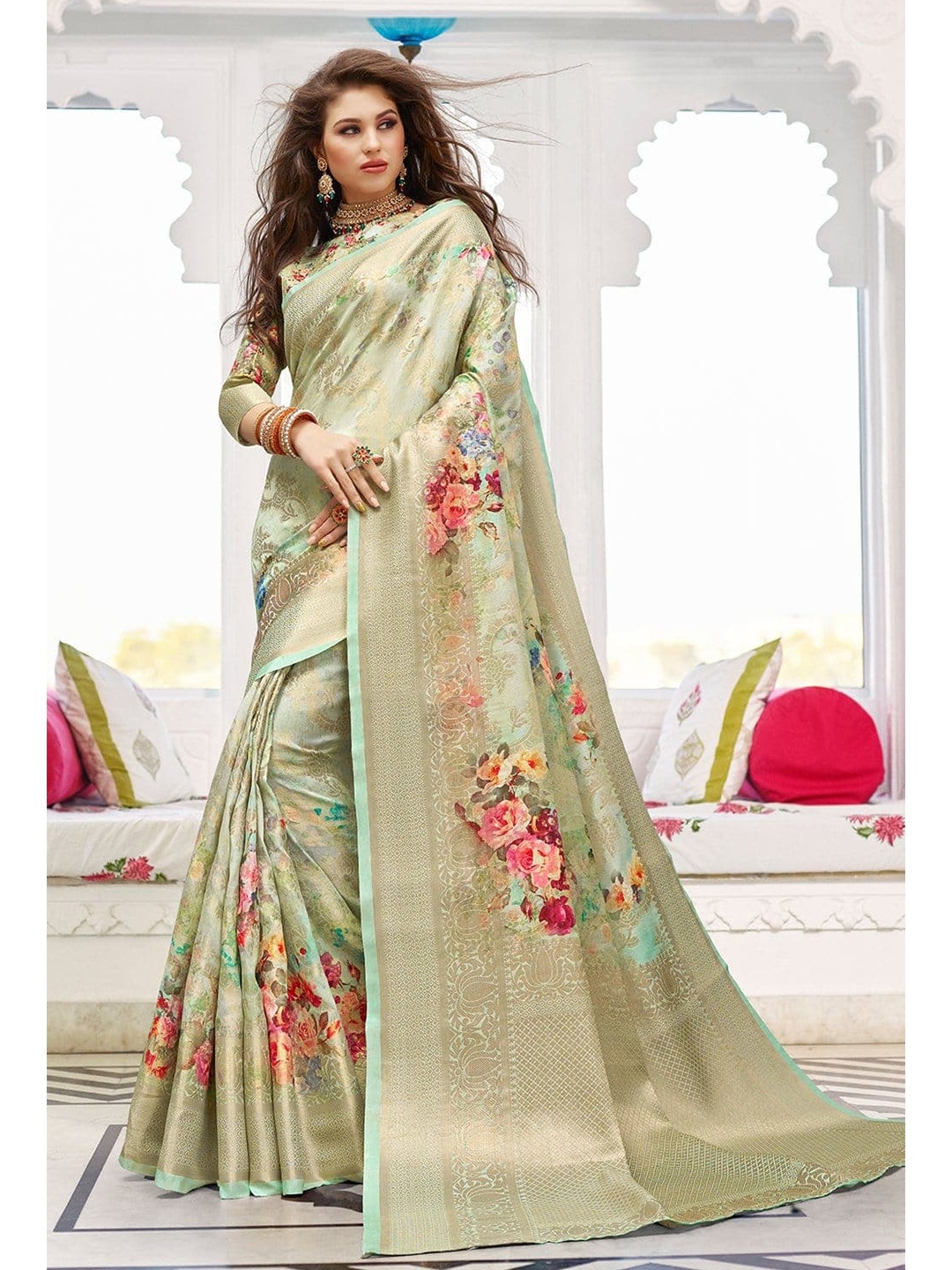 

KARAGIRI Sea Green & Pink Woven Design Linen Blend Saree