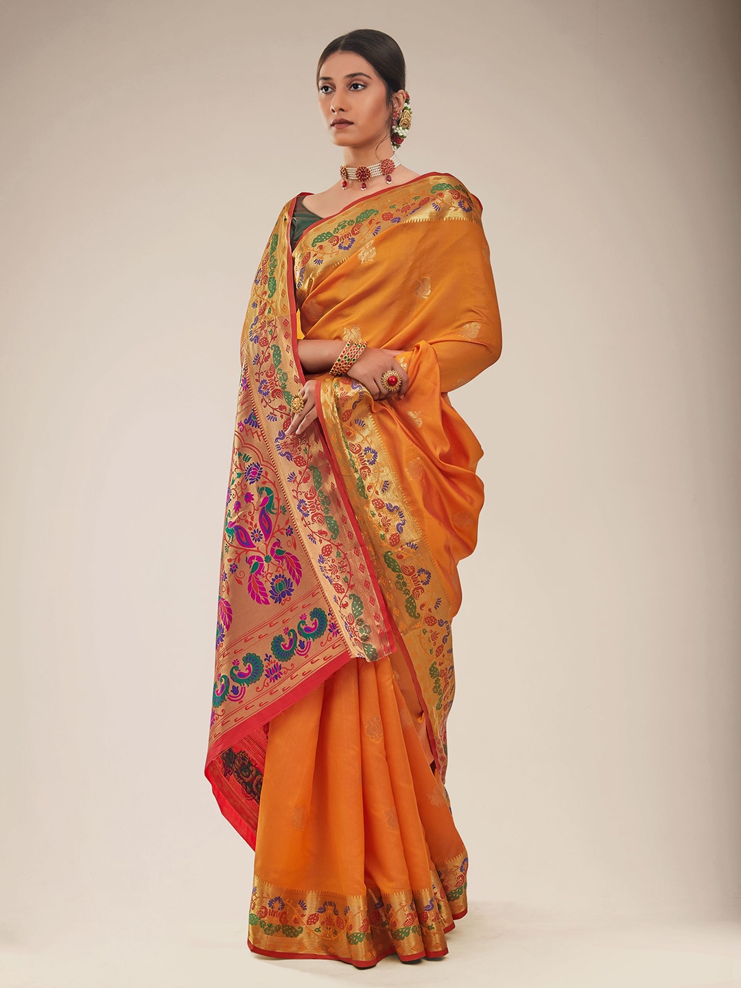 

KARAGIRI Mustard & Gold Woven Design Zari Silk Blend Paithani Saree