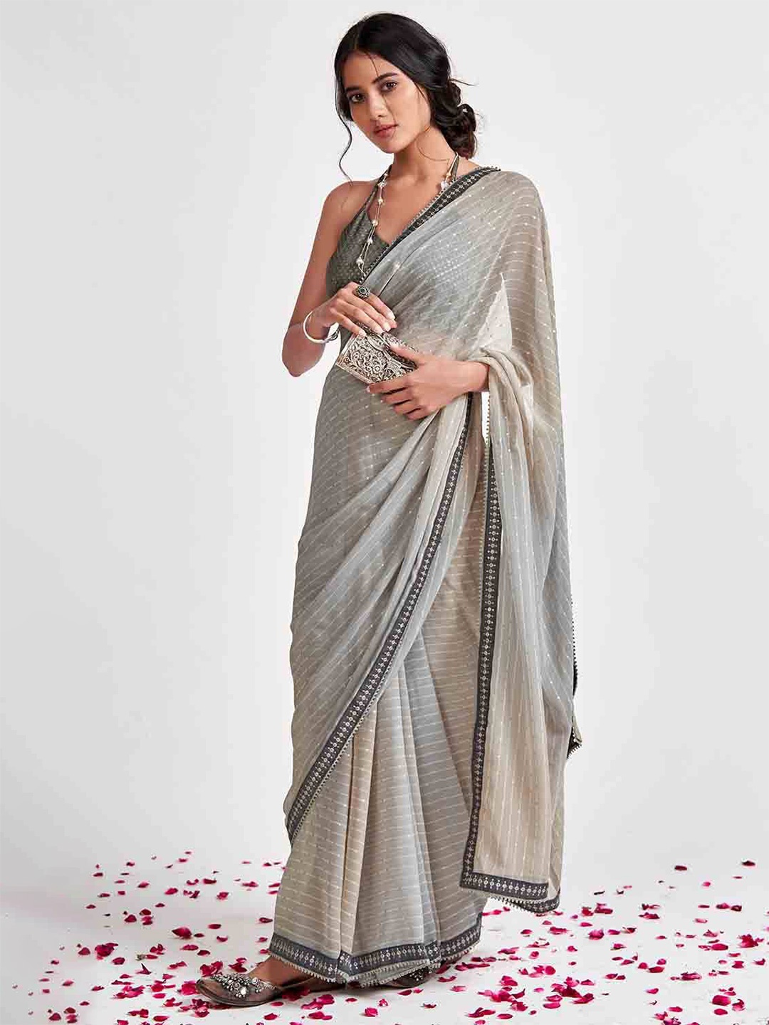 

KARAGIRI Grey & Silver Embellished Poly Georgette Saree